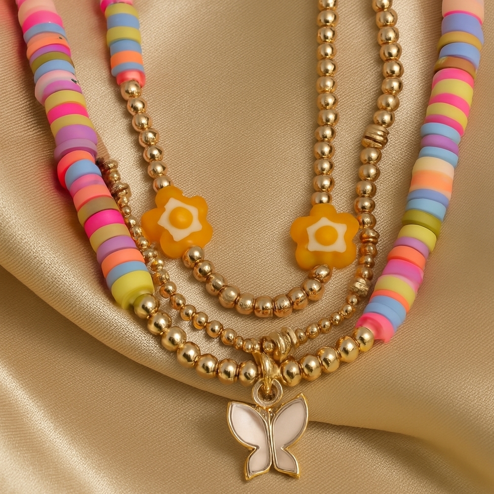 Boho Layered Beaded Bracelet Colorful Disc Beads, Gold Accents, Butterfly Charm